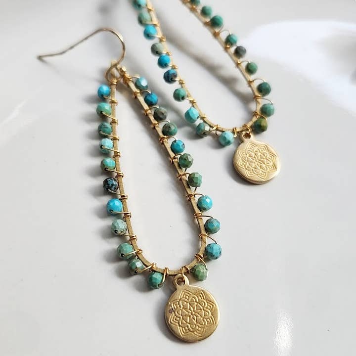 Gemstone and Brass Lotus Charm and Teardrop Dangle Earrings for wholesale by Sara Sela Jewelry