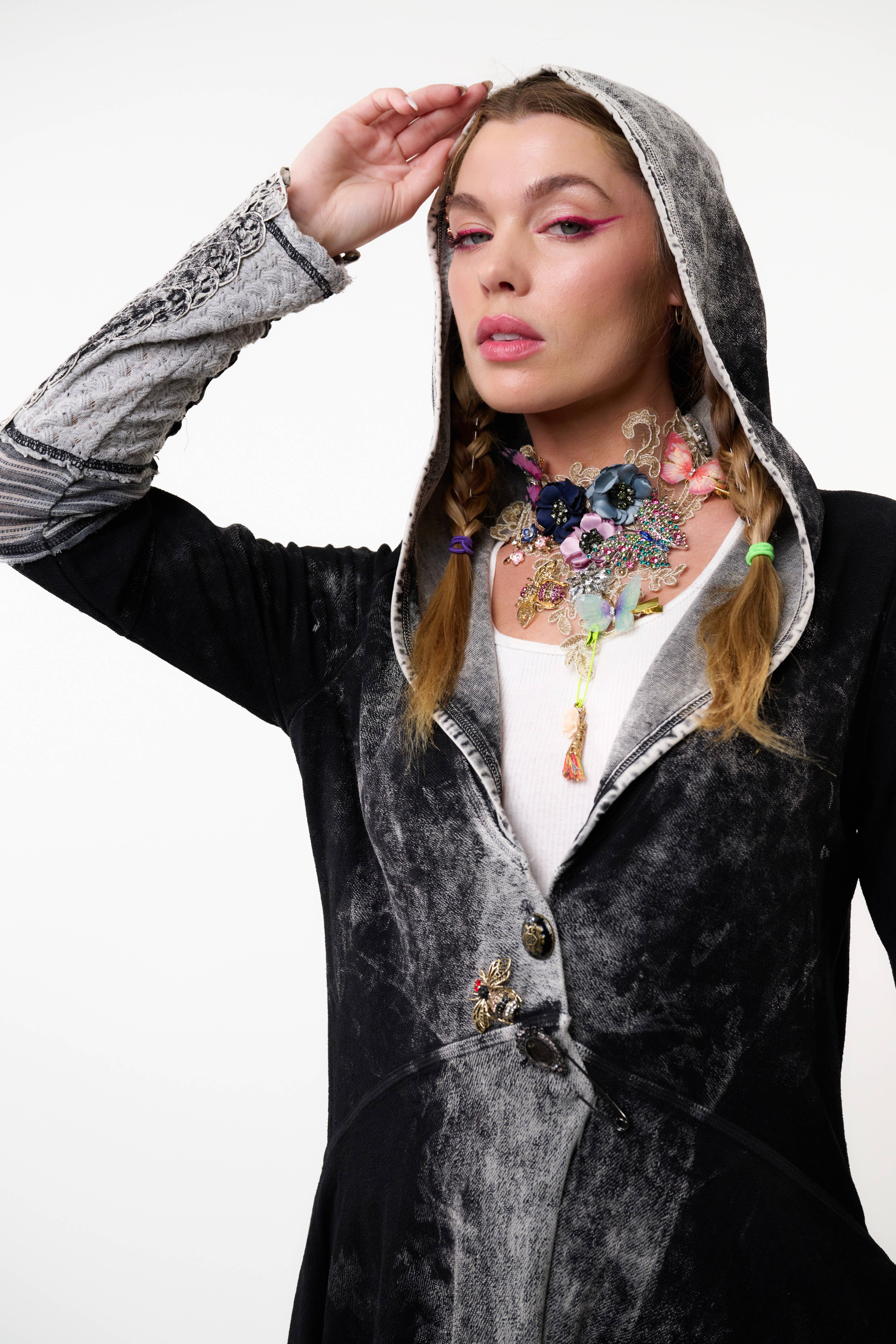 Black Acid Wash Forest Goddess French Terry Coat for wholesale on Faire6