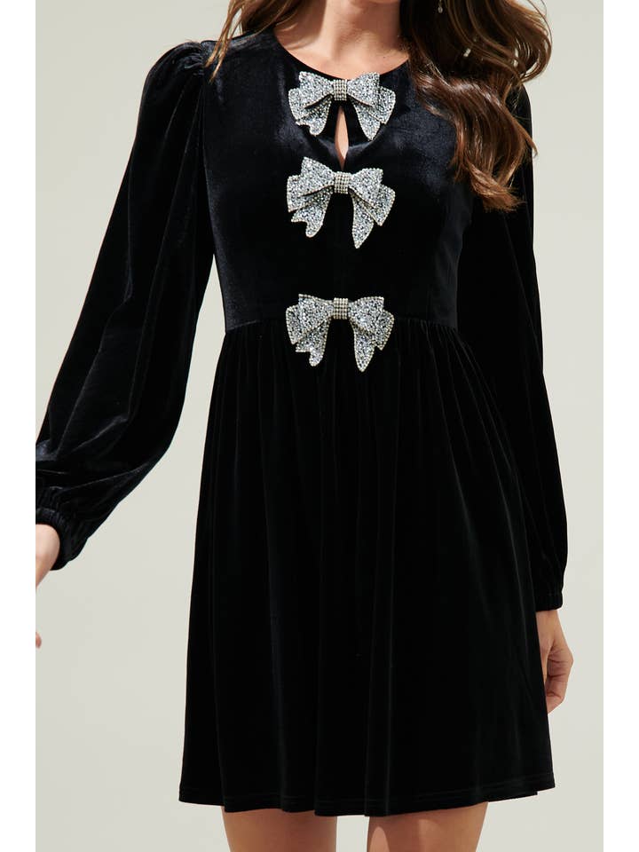 Black Glow Bow Velvet Mini Dress for wholesale on Faire