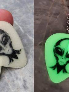 Glow in the Dark Alien Head Dangling Guitar Pick Earrings for wholesale by Simply Raevyn