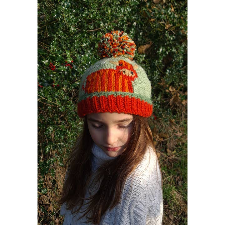 One Colour Kids Knitted Wool Animal Bobble Beanie Hat Highland Cow for wholesale on Faire1