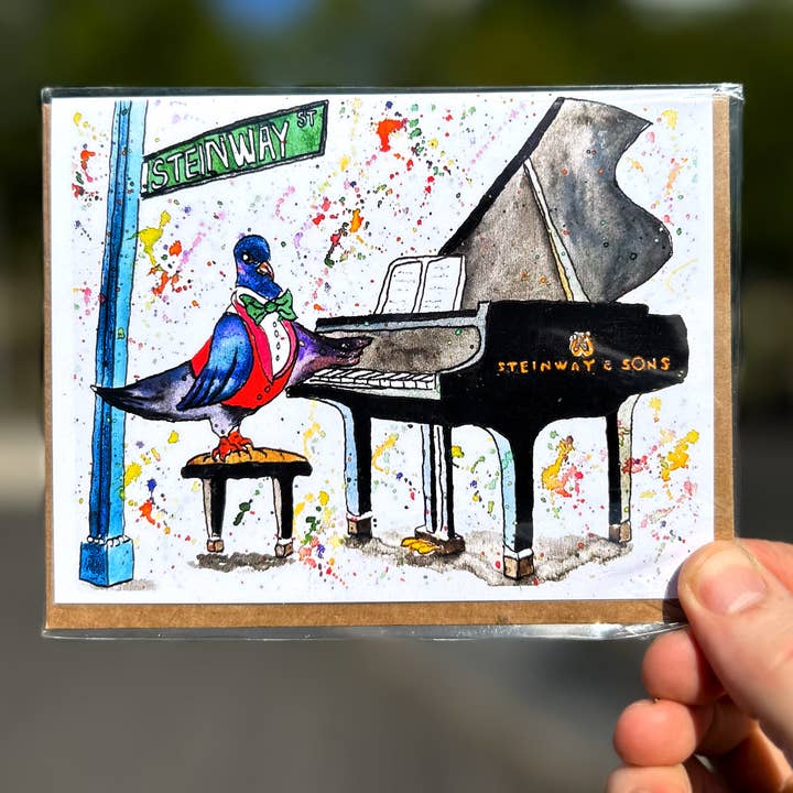 Steinway Piano Pigeon-Greeting Card/Handmade for wholesale by Johnnerdraws