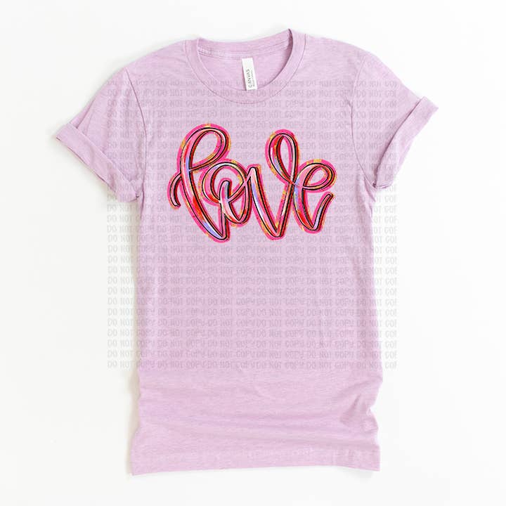 Cheerful Lilac & Pink "Love" T-Shirt | Unisex Casual Fashion | Ideal Valentine's or Galentine's Day Gift for wholesale by Calypso Rose Designs