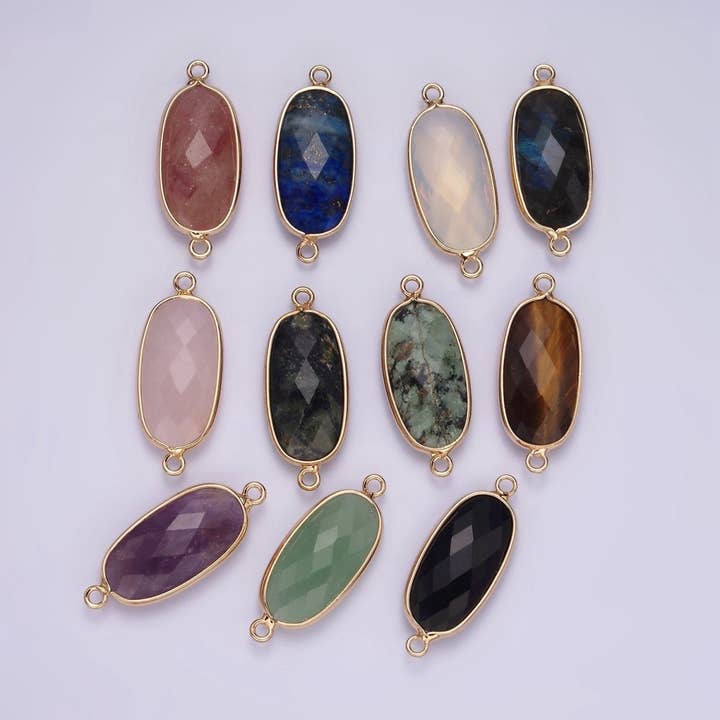 Faceted Gemstone Oval Gold Charm Connector Rose Quartz Onyx Labradorite Amethyst Amazonite Charm G033 - G043 for wholesale by Aim Eternal