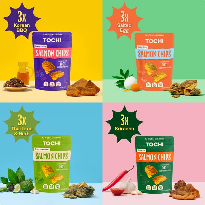Salmon Chips Variety Pack  *New Size* 50g for wholesale by Tochi Snacks