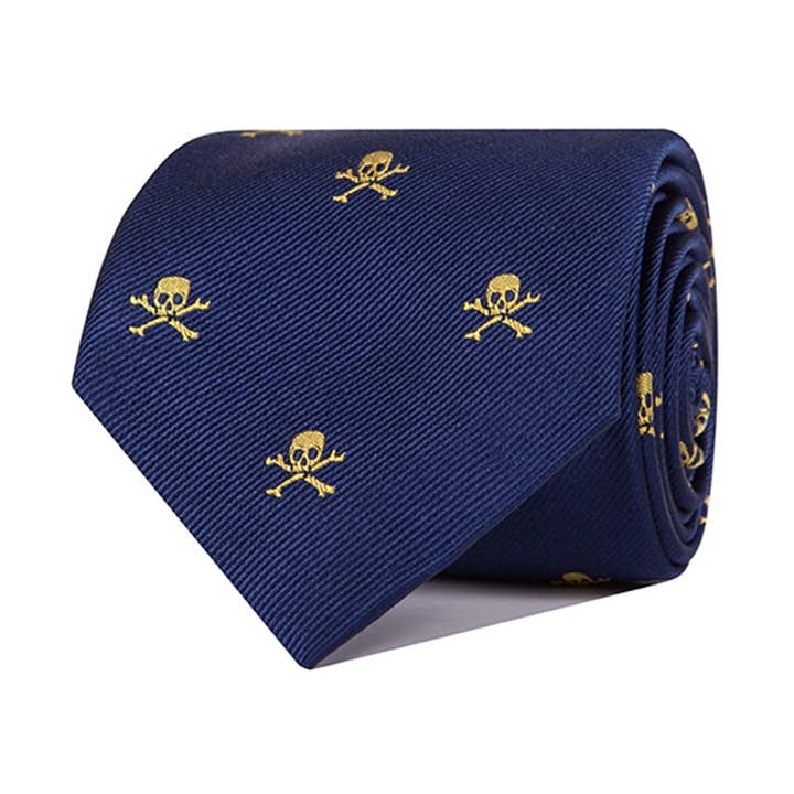 Corbata de seda azul oscuro con calaveras amarillas para venta al por mayor de Ox Gemelos
