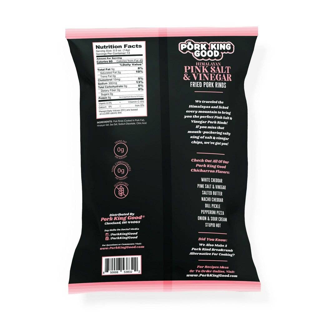 Pork King Good - Wholesale Puffed Snack - Pork King Good  Pink Salt & Vinegar Pork Rinds 7 oz bags1