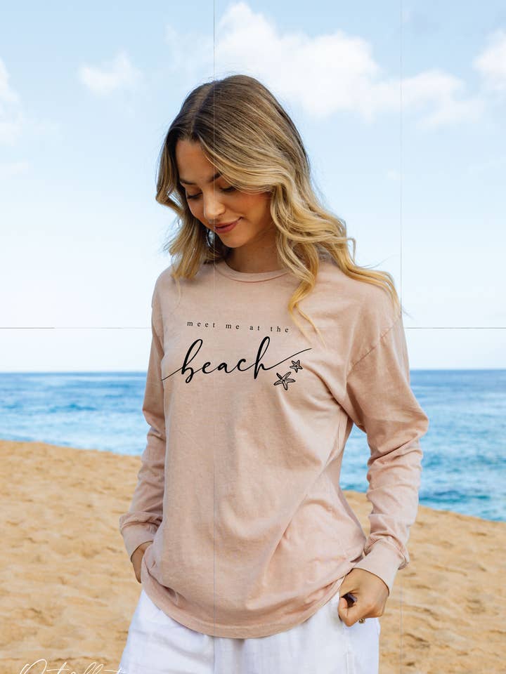 OAT COLLECTIVE - Wholesale Screen Printed T-Shirt - Women's - MEET ME AT THE BEACH Mineral Washed Long Sleeve Graphic 1
