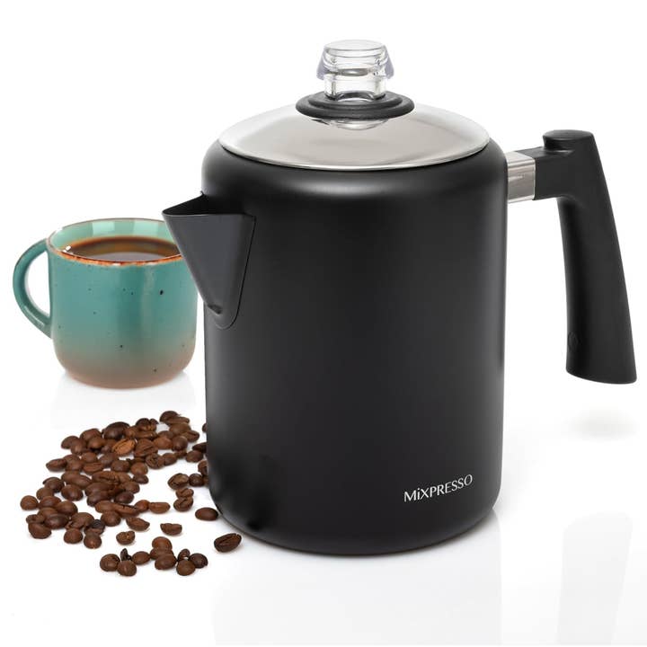 Mixpresso Black Stainless Steel Coffee Percolator Stovetop, 37oz Classic Percolator Coffee Pot, Excellent For Camping Pot, 5-8 Cup Stove Top Coffee Maker, Cool-Touch Handle for wholesale by Mixpresso