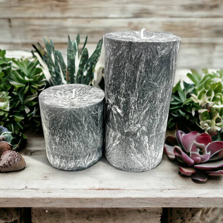 Unscented Palm Wax Pillar Candle, Textured, Gray for wholesale by KNorris & Co.