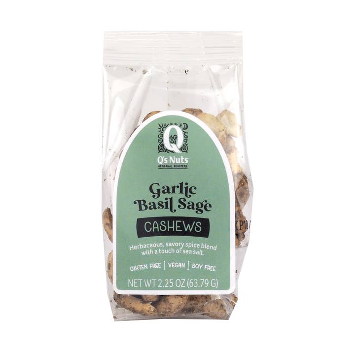 2.25 oz Garlic Basil Sage Cashews for wholesale by Q's Nuts, LLC