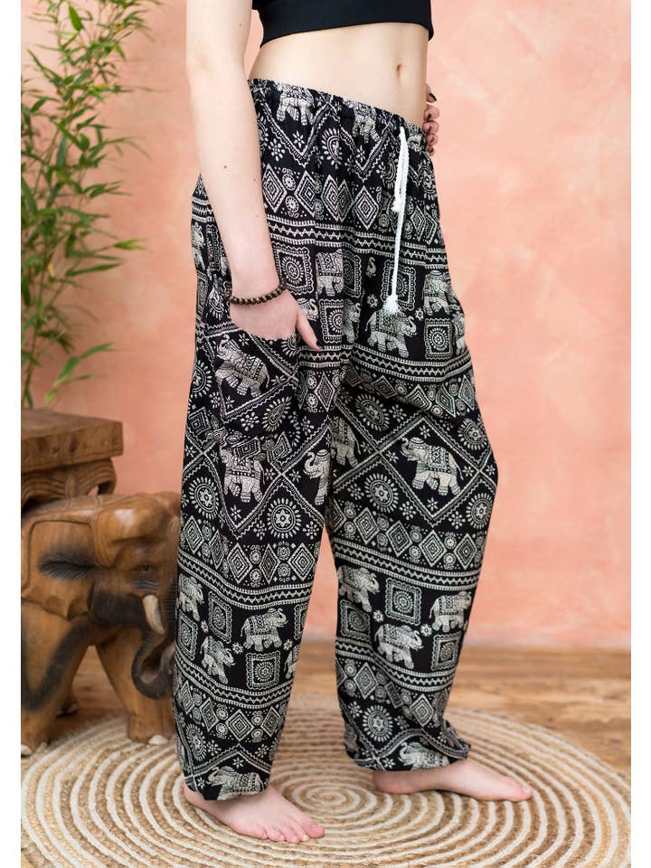 Namaste - Wholesale Pants – Women's - Black Freesize Elephant Print Harem Trouser2