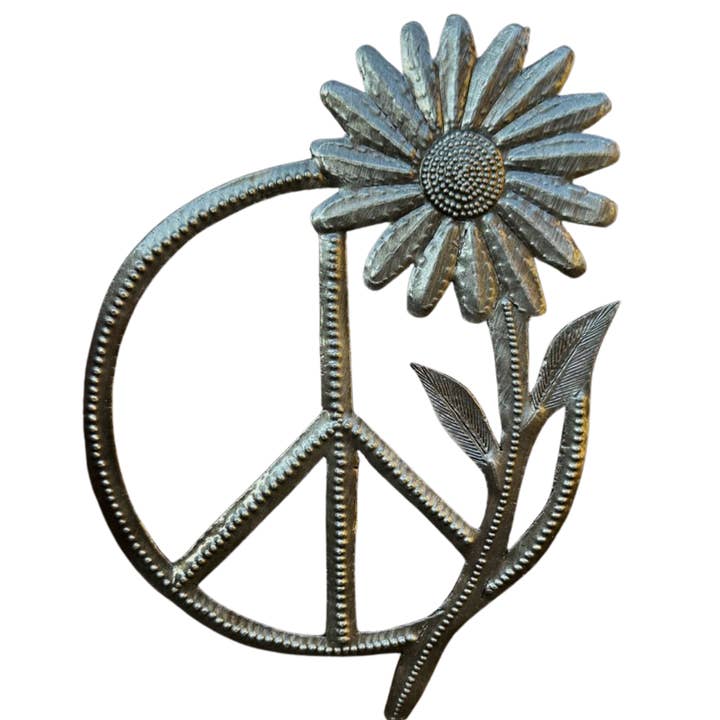 Peace Sign wih Sunflower, Handmade Metal Art 6.25"x4.5" for wholesale by Haiti Fair Trade~ It's Cactus