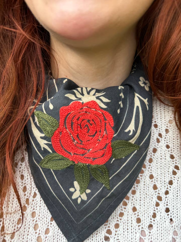 The Rose Bandana ( wild rag, embroidered bandana, western) for wholesale by Wild as Heck