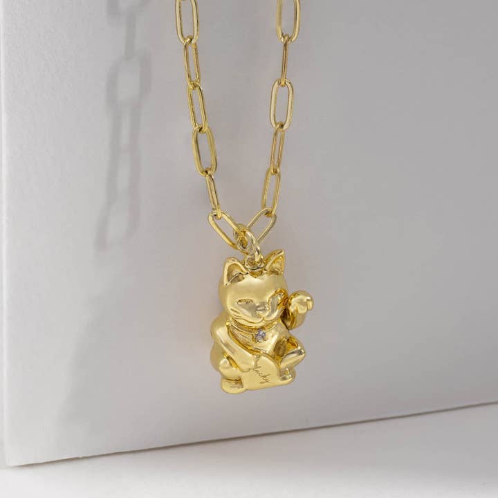 Lucky Cat Gold Necklace for wholesale by Wanderlust + Co