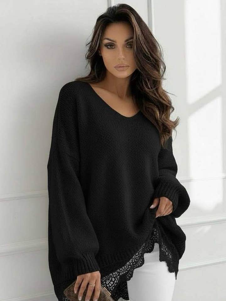 Sola Oversize V Neck Lace Hem Knitted Sweater Jumper-Black for wholesale by Catwalk Wholesale