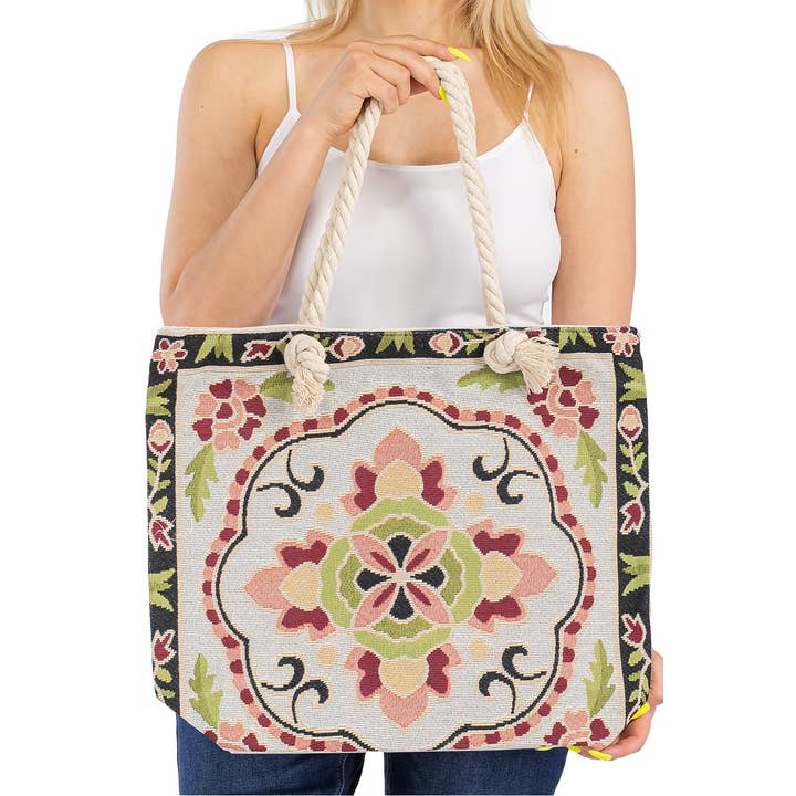 Cap Zone – wholesale Bärkasse - Dam – Blommig Mandala Tapestry Rope Handtag Canvas Tygväska