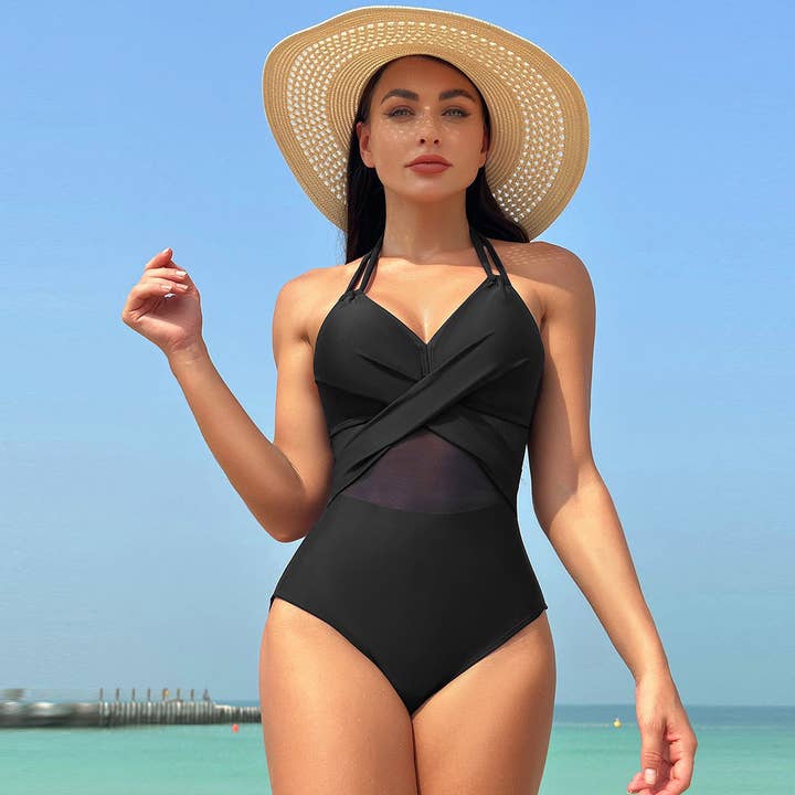 Solid Color Mesh One-Piece Swimsuit for Women for wholesale by SALINA TRADING INC
