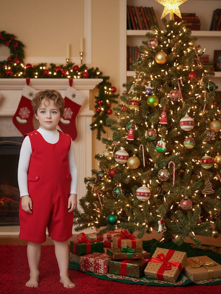 Salopette courte rouge en velours côtelé avec smocks Père Noël pour garçon pour la vente par Hello Bebes!