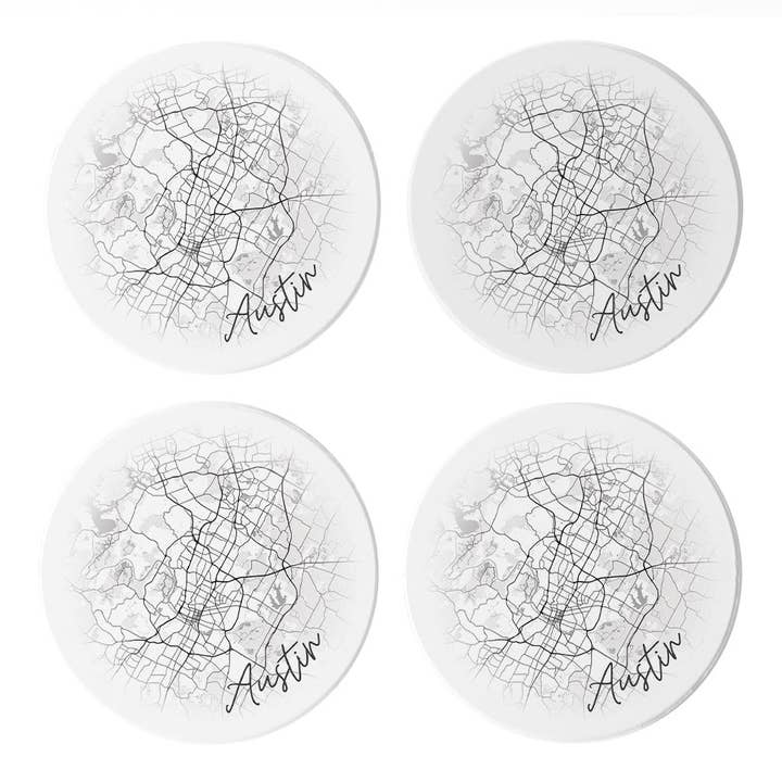Minimalistic B&W Texas Austin Circle Map | Absorbent Coasters | Set of 4 | Min 2 for wholesale by Love Local