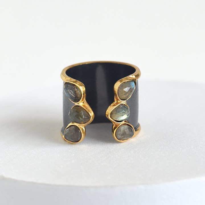 FELIX Z DESIGNS - Wholesale Cocktail/Statement Ring - Handmade Multi Gemstone Cuff Ring, Two Tone, Adjustable1