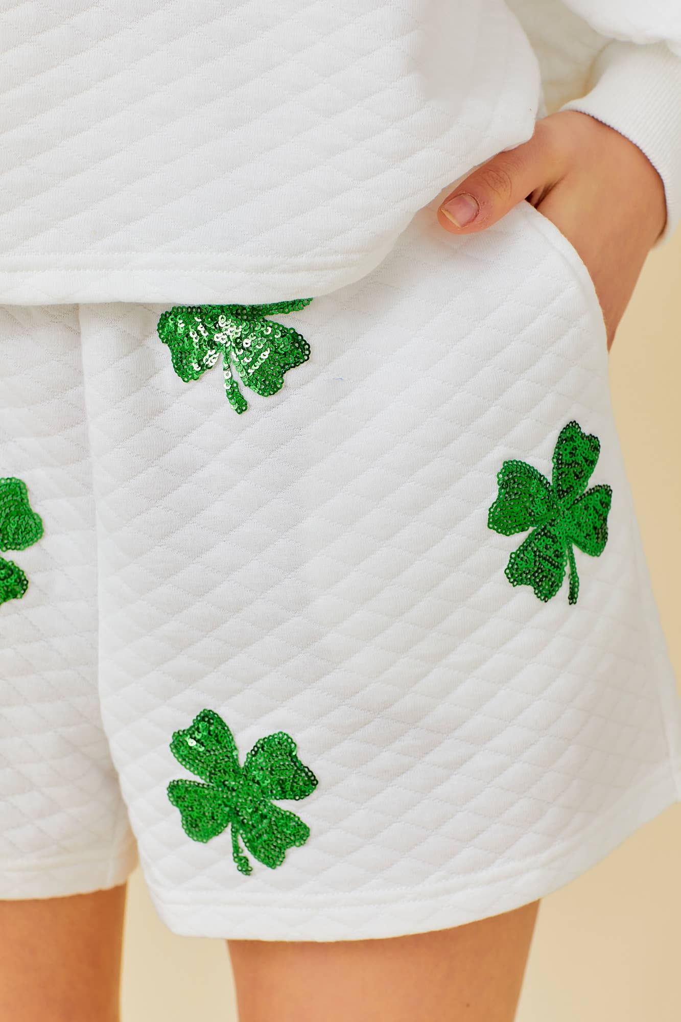 WHITE CLOVER SEQUIN PATCH QUILTED SHORTS for wholesale on Faire3
