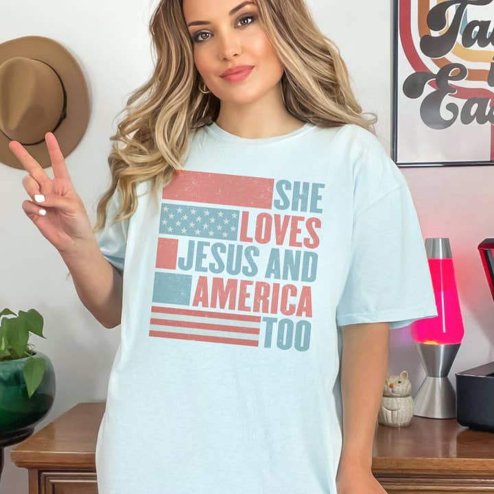 Par.tees by Party On! - Wholesale Screen Printed T-Shirt - Women's - She Loves Jesus and America Too USA Graphic Tee