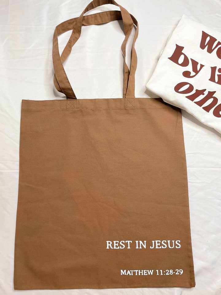Rest in Jesus | brown tote bag for wholesale by Apparel for God LLC