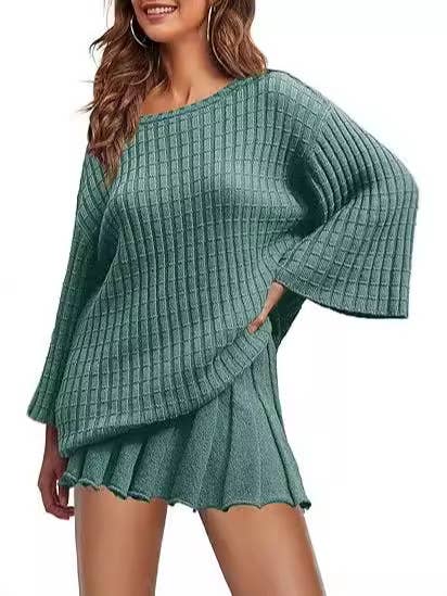 Rosa Clothing - Wholesale Top & Skirt Set - Women's - Waffle Knit Sweater Pleated Skirt Knit Set9