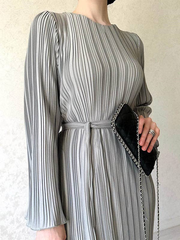 StyleGalX - Vente Robe – femme - Robes maxi à col rond plissées à manches longues et manches évasées de couleur unie11