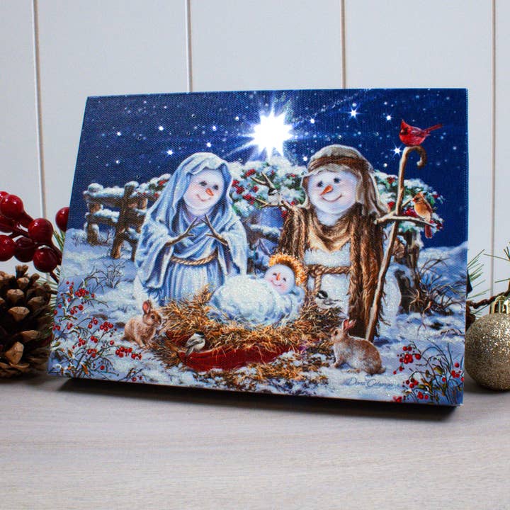Snow Family Nativity 8x6 Lighted Tabletop Canvas for wholesale by Glow Decor