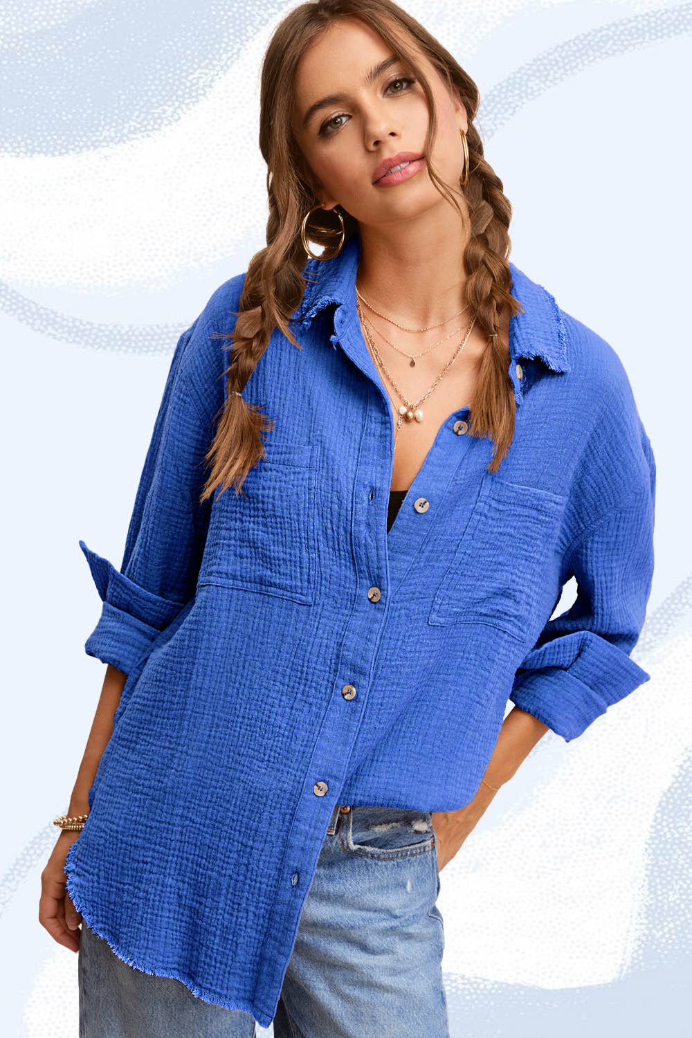 La Miel - Wholesale Button Down Shirt - Women's - SRT7448-Soft Washed Crinkled Gauze Button Down Shirts26