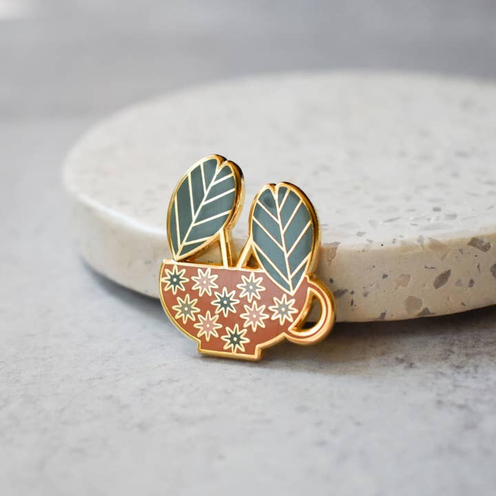 Teacup and Plant Enamel Pin for wholesale by Tea Thoughts