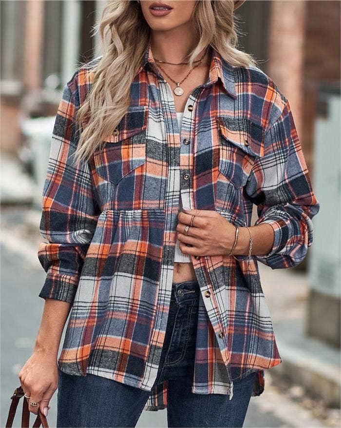 Rosa Clothing - Wholesale Button Down Shirt - Women's - Pocket long-sleeve plaid shirt jacket6