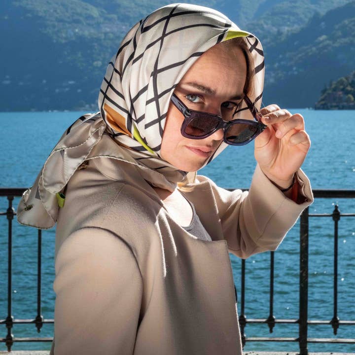 PURE SILK SCARF 90X90 CM GEOMETRIC PRINT ECRU COLOR CODE 348 for wholesale by C.C.&Co.Srl