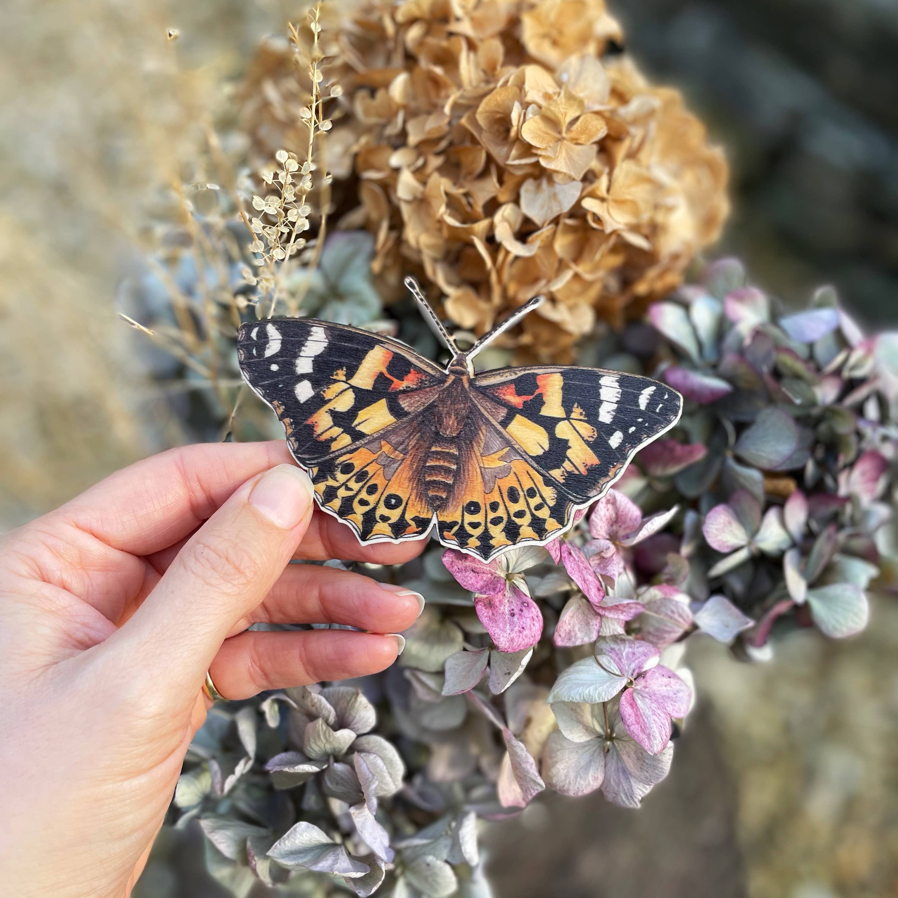 Fearless Flamingo – wholesale Ornament – Painted Lady butterfly wooden Christmas decoration1