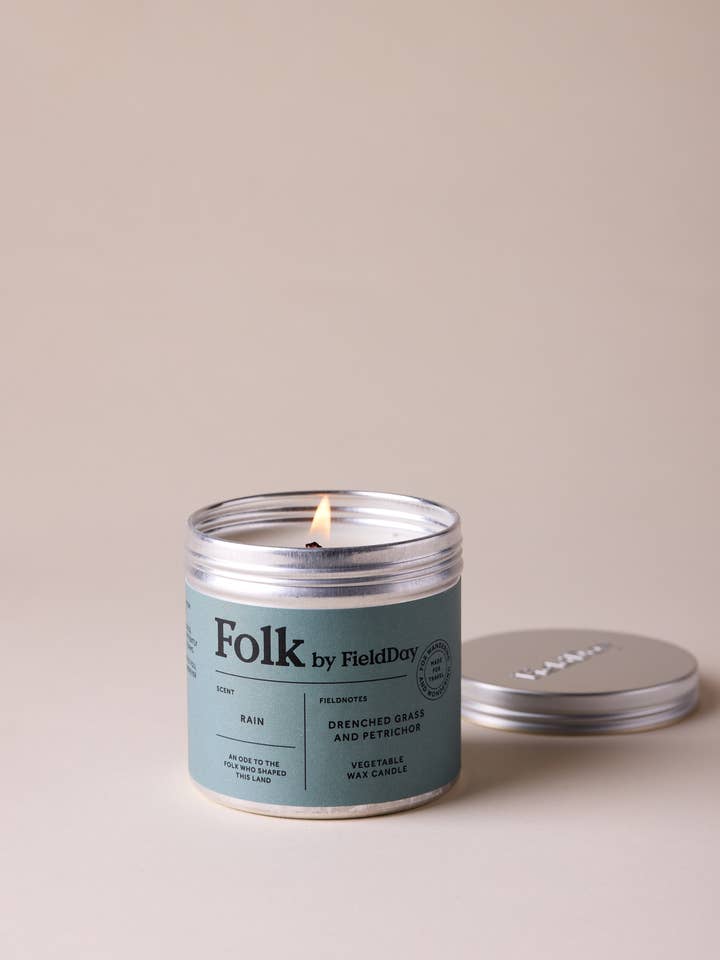 Rain Vegetable Wax Folk Tin Candle for wholesale by FieldDay Ireland
