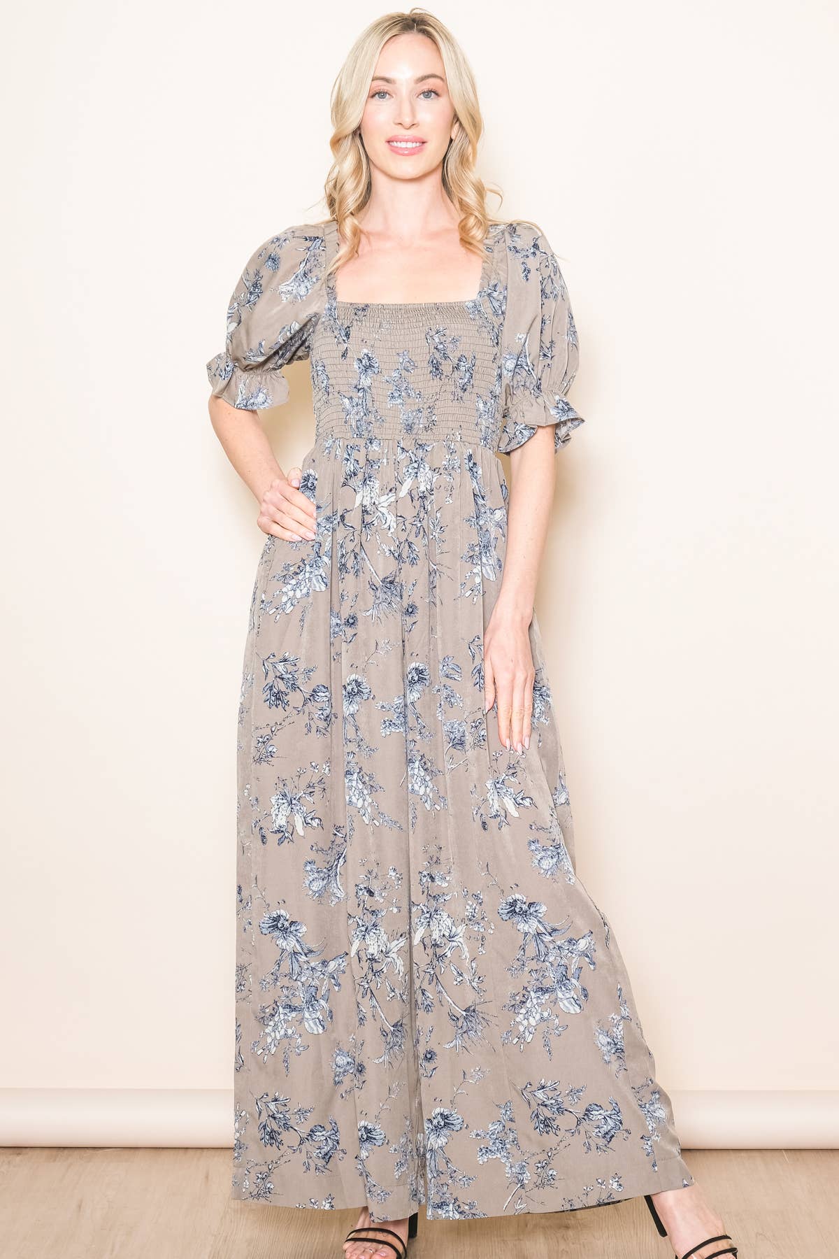 Elloh Collection - Wholesale Jumpsuit - Women's - Square Neck Puff Sleeve Wide Leg Antique Floral Jumper 18