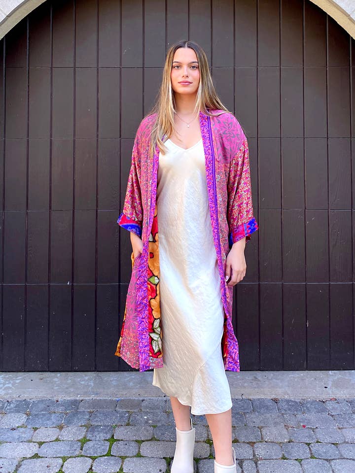 Hillside Mixed Kimono with lining - Upcycled Sari for wholesale by Guru