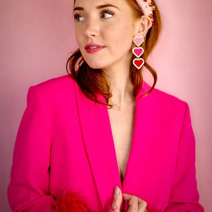 Valentine Pink to Red Satin Triple Heart Earrings for wholesale by BOHEMIAN GEMME