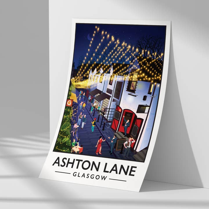 Printagonist – wholesale Poster – Ashton Lane Poster, Vintage looking Glasgow street illustrat0