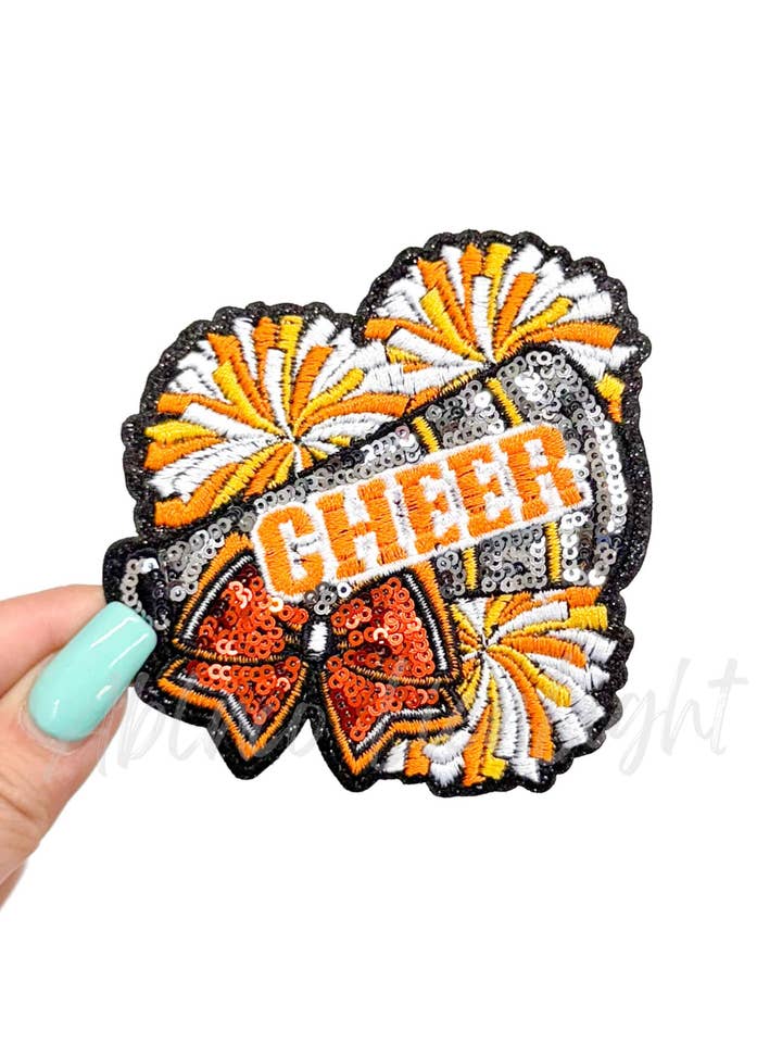 Orange Cheer Bow Megaphone Poms Sequin Patch - Small for wholesale by ABLNco