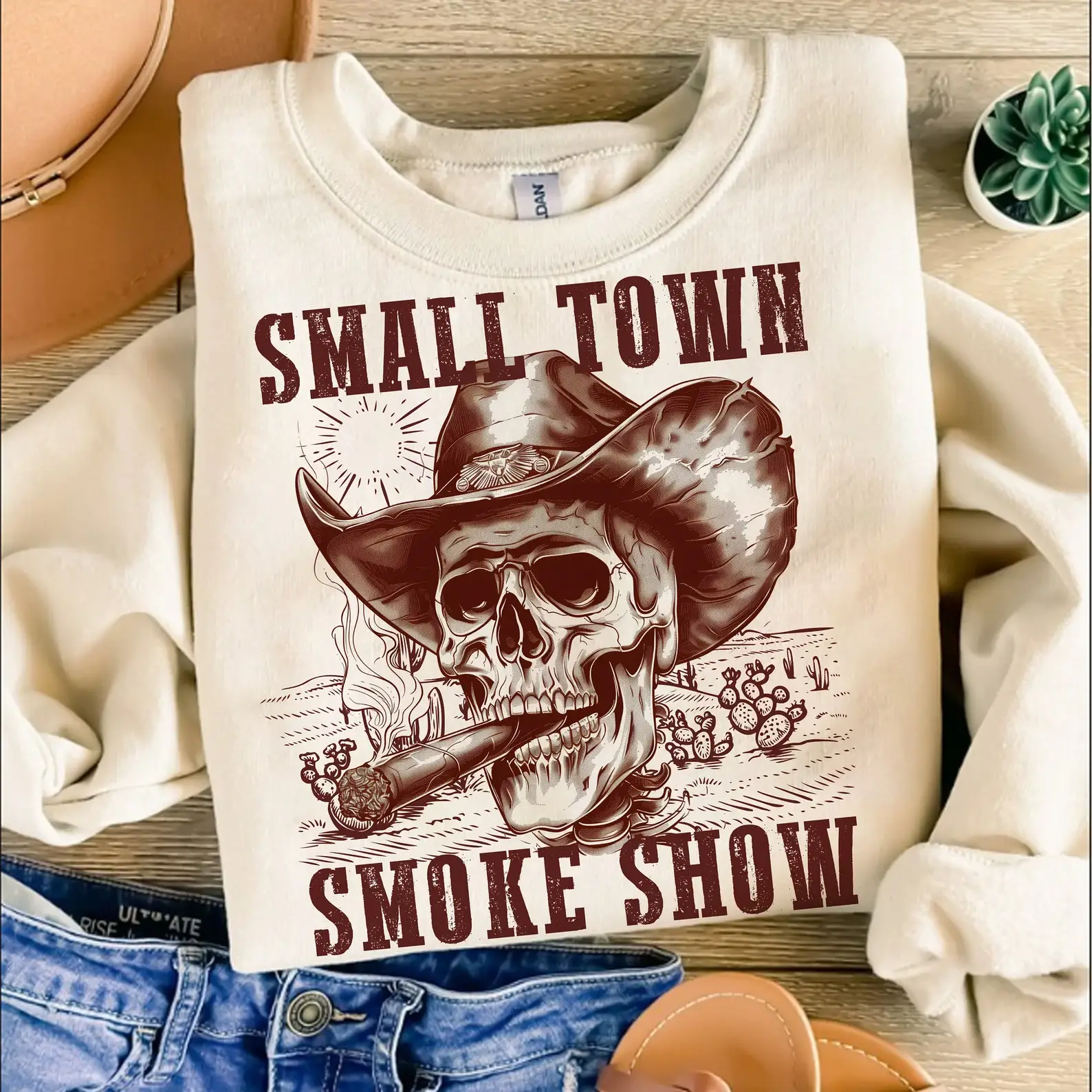 Whiskey & Lace Outfitters /The Longhorn Hippie Co. - Wholesale Graphic Sweatshirt - Women's - Small Town Smoke Show Western Sweatshirts  & Tees    2