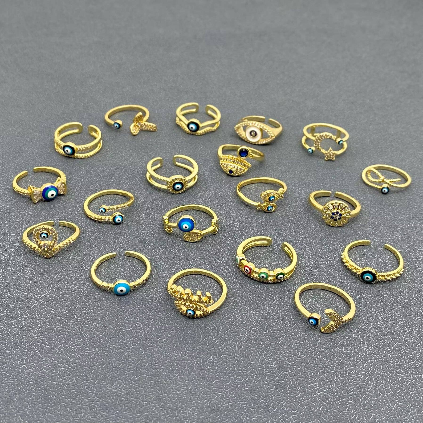 Mio Queena - Wholesale Cocktail/Statement Ring - Enamel Rhinestone Turkey Eye Evil Eye Golden Adjustable Rings19