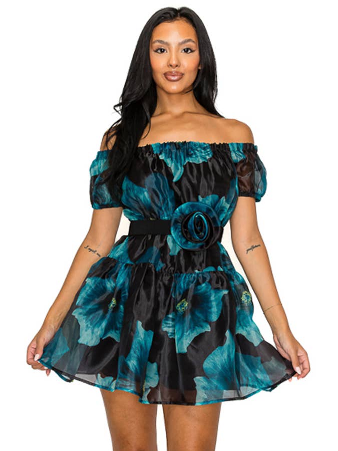 Miss Avenue - Wholesale Dress - Women's - DM3812 FLORAL ORGANZA OFF SHOULDER WITH BELTED DRESS