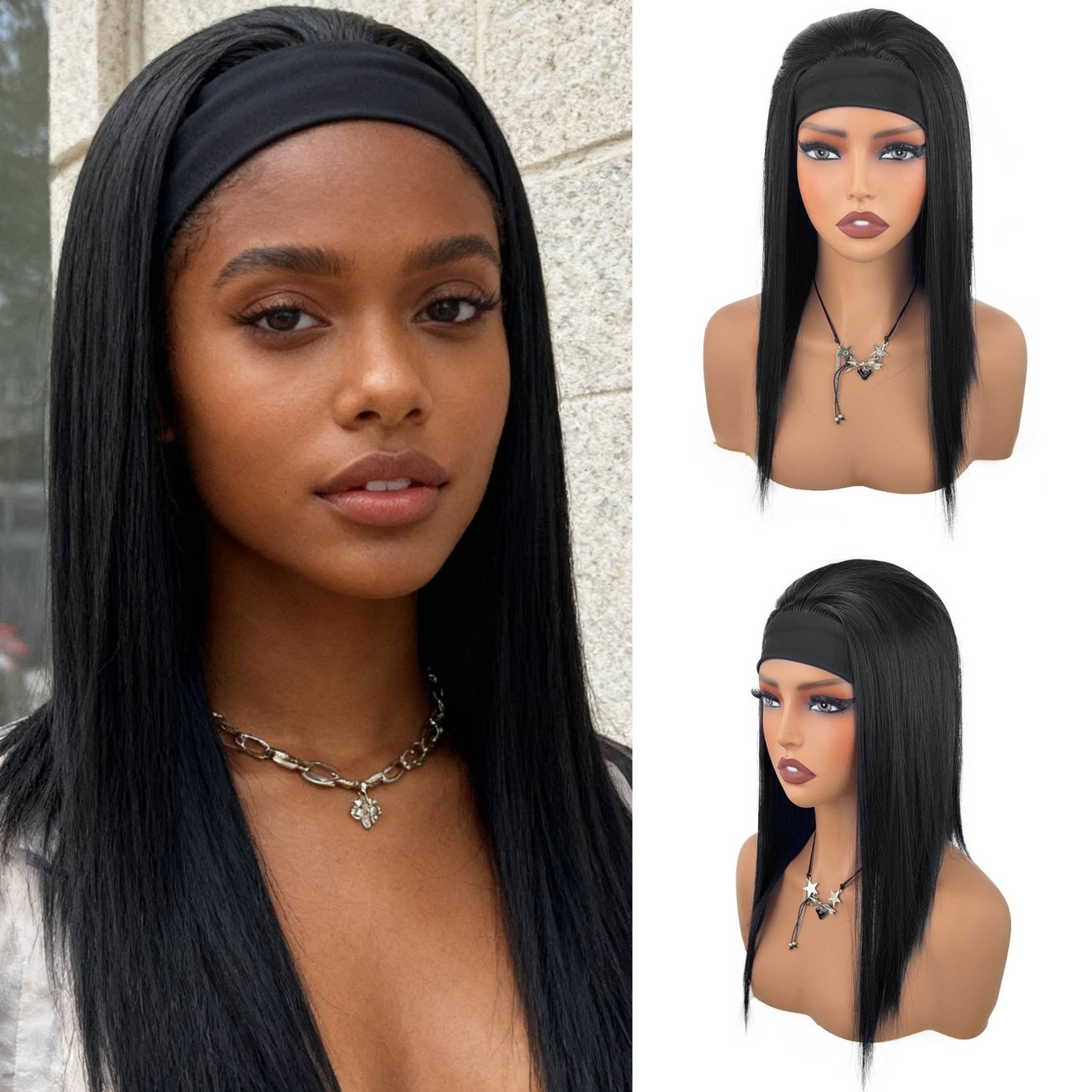 Black Straight Synthetic Headband Wig with Natural Shine Easy Fit for wholesale on Faire1