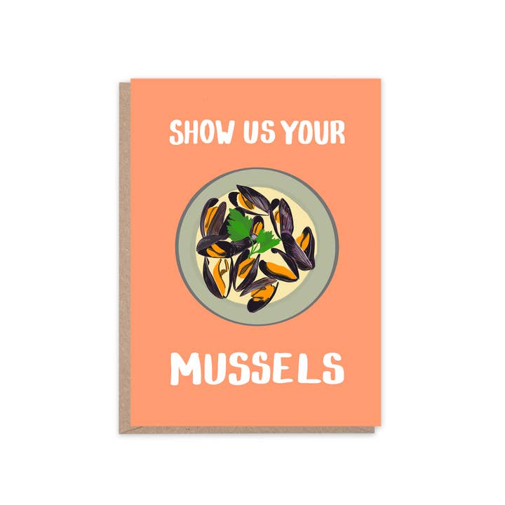 Show Us Your Mussels | Seafood Illustration Greetings Card for wholesale by Places & Spaces Art Co.