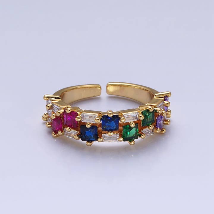 Aim Eternal - Wholesale Multi-Stone Ring - Gold Filled Colorful Baguette Square CZ Ring