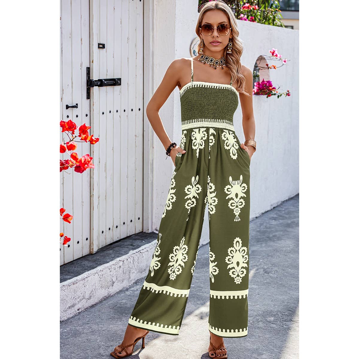 Supreme Fashion – wholesale Jumpsuit – Women's – Geo Print Off Shoulder High Waist Fit Jumpsuit15