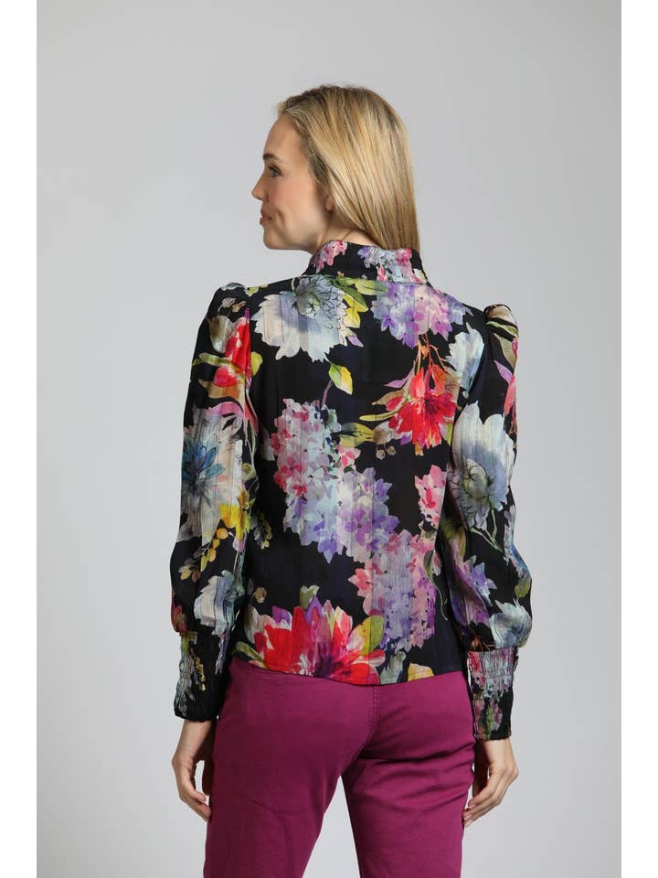 MULTI Colorful Painted Bloom Print - Puff Sleeve Blouse With Ruched Detail for wholesale on Faire